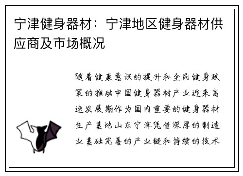 宁津健身器材：宁津地区健身器材供应商及市场概况